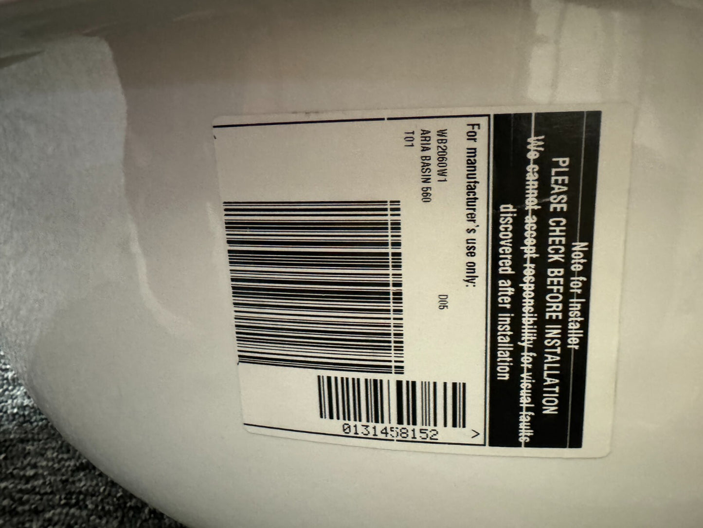 UNUSED Twyford White Aria 550mm x 465mm Countertop WHITE sink basin