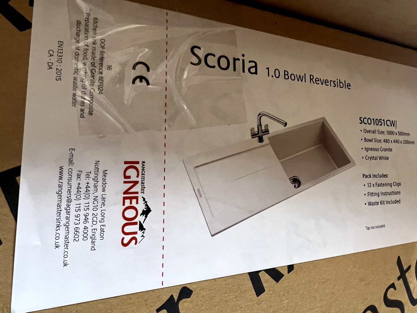 NEW Rangemaster Scoria Igneous Crystal White 1.0 Bowl kitchen Sink SCO1051cw