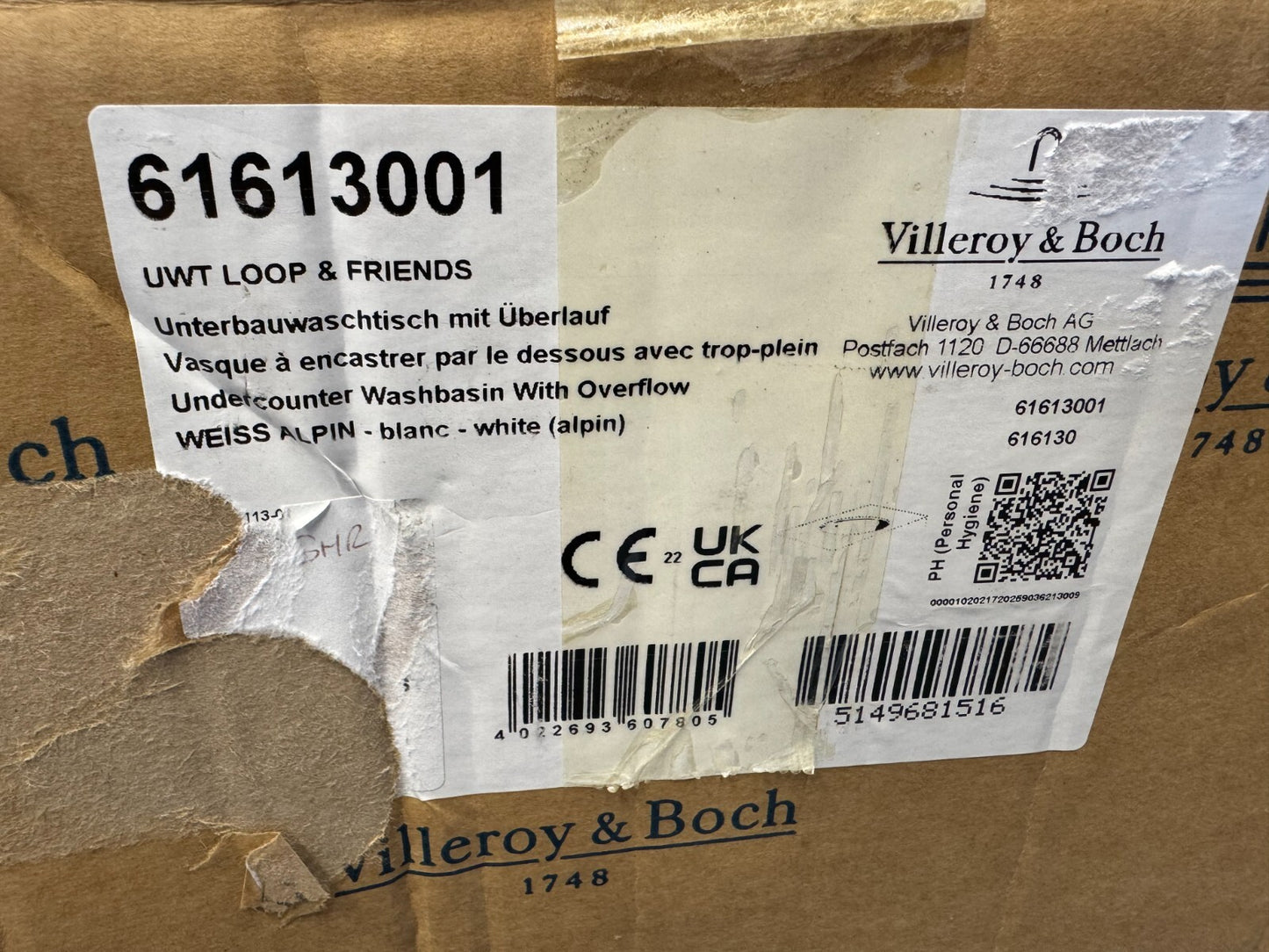 NEW Villeroy & Boch 61613001 Bathroom Sink Basin White loop & Friends BR718