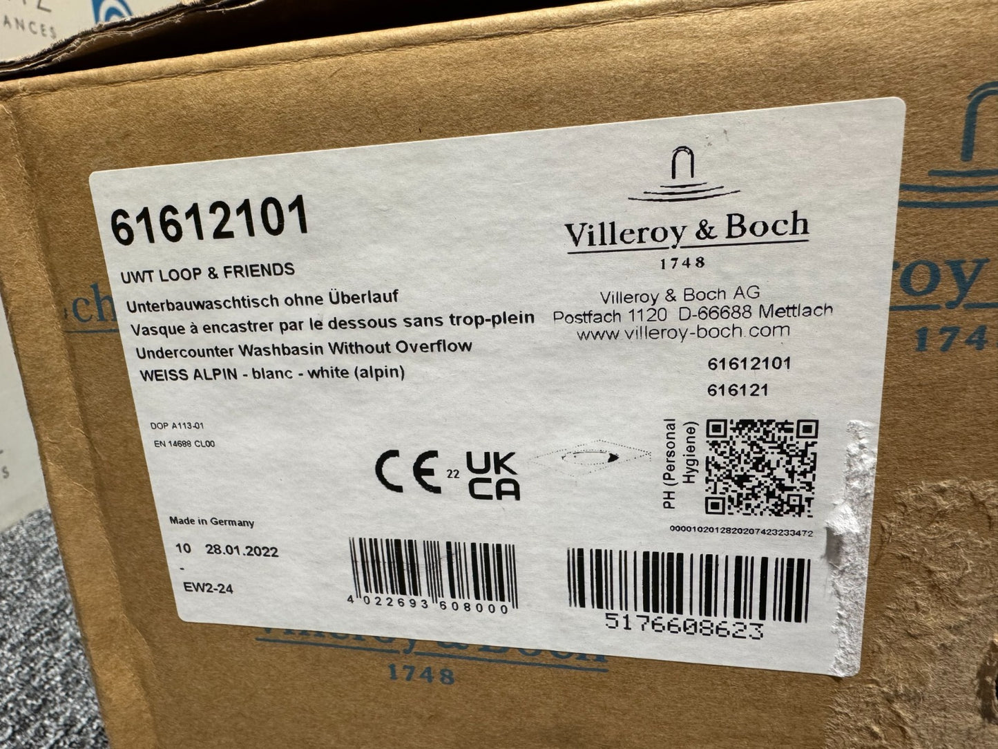 NEW Villeroy & Boch 61612101 Loop & Friends Under counter basin Sink white BR963