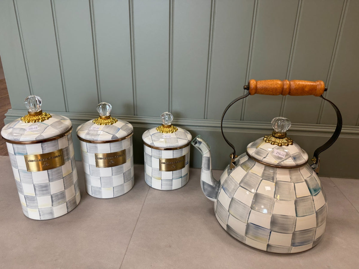 NEW Mackenzie Childs STERLING Check  3 Qt Kettle and 3 Canister SET in stock