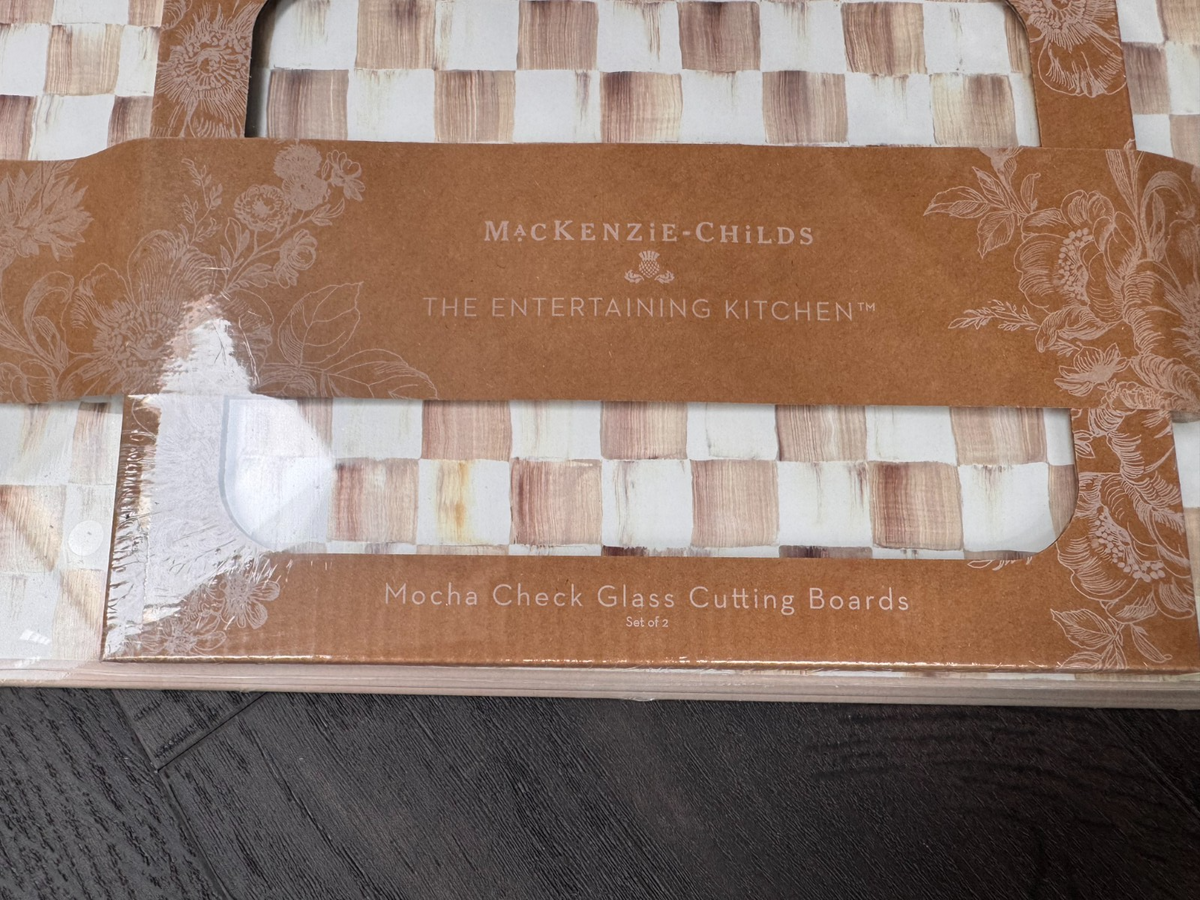 NEW Mackenzie Childs Mocha Check Glass Cutting Boards 36069-840 IN STOCK