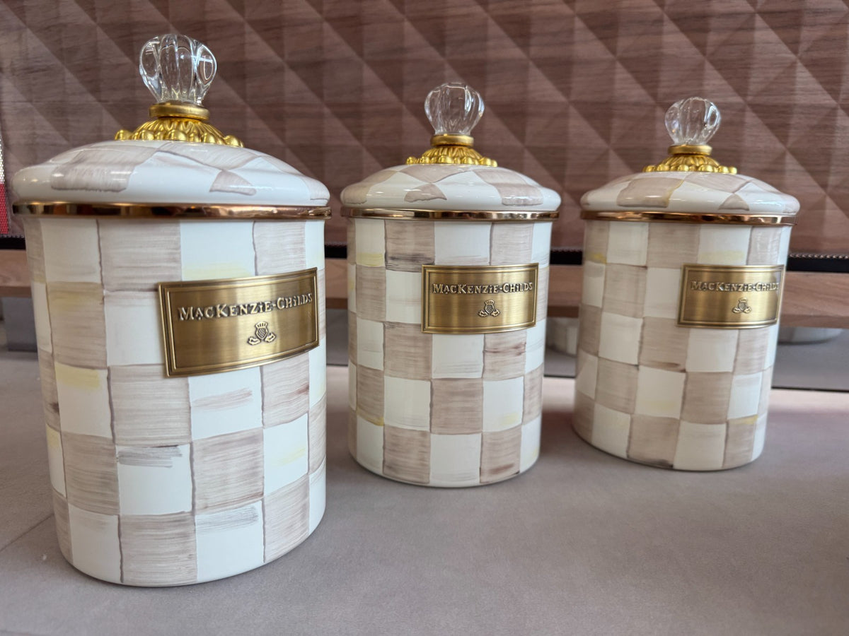 NEW Mackenzie Childs Mocha 2 Qt Kettle and 3 Medium Canister SET IN STOCK