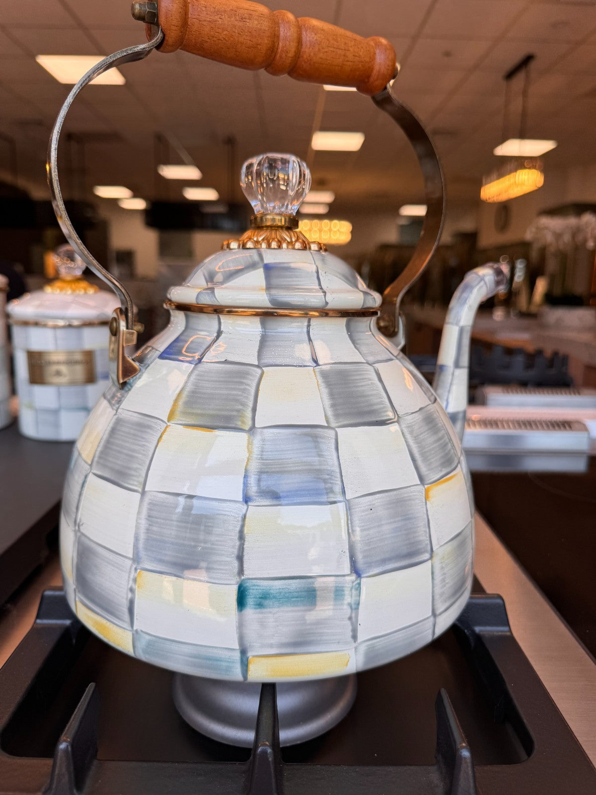 NEW Mackenzie Childs Sterling Check enamel 3 Quart Large Kettle stove IN STOCK