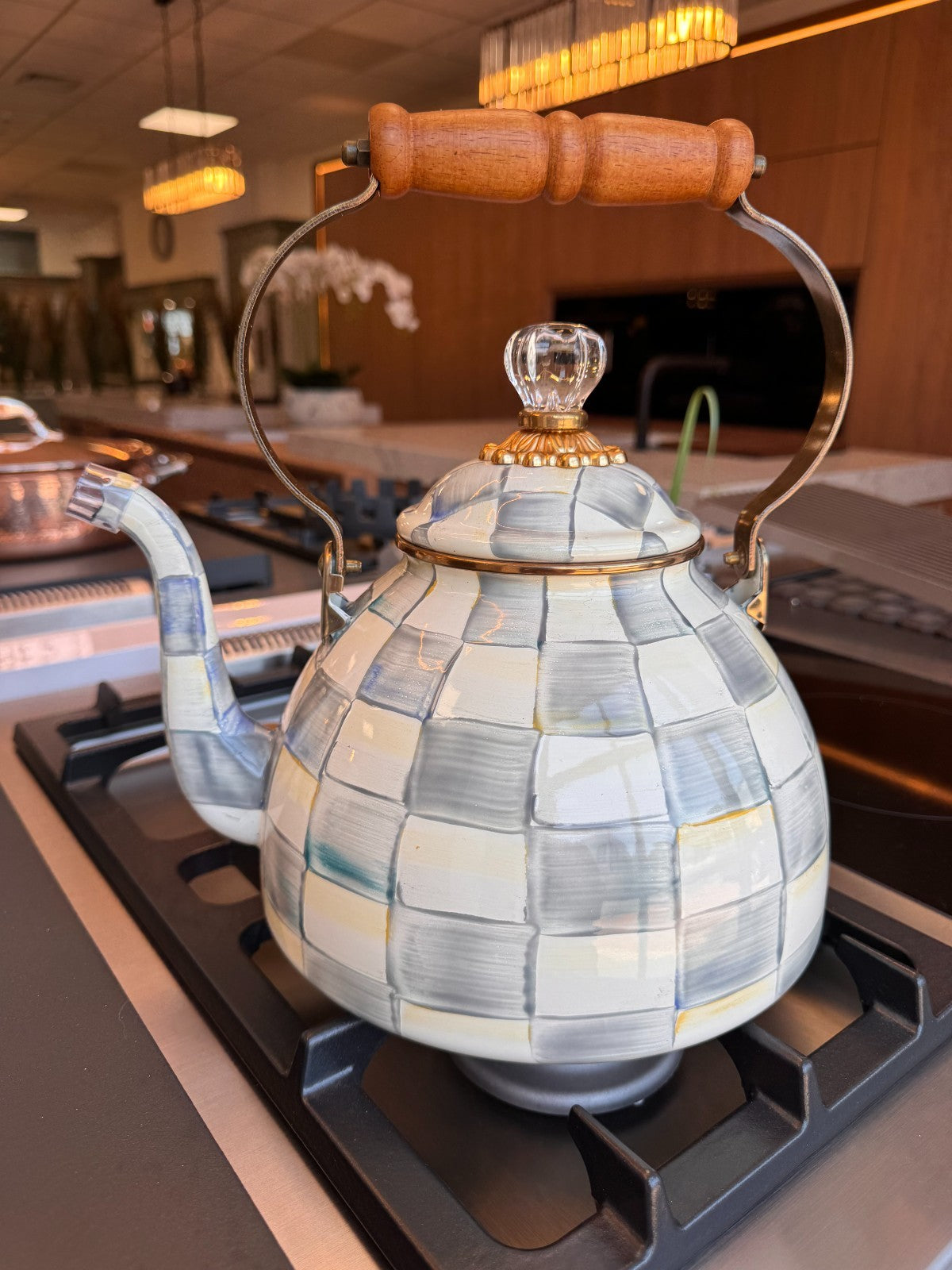 NEW Mackenzie Childs Sterling Check enamel 3 Quart Large Kettle stove IN STOCK