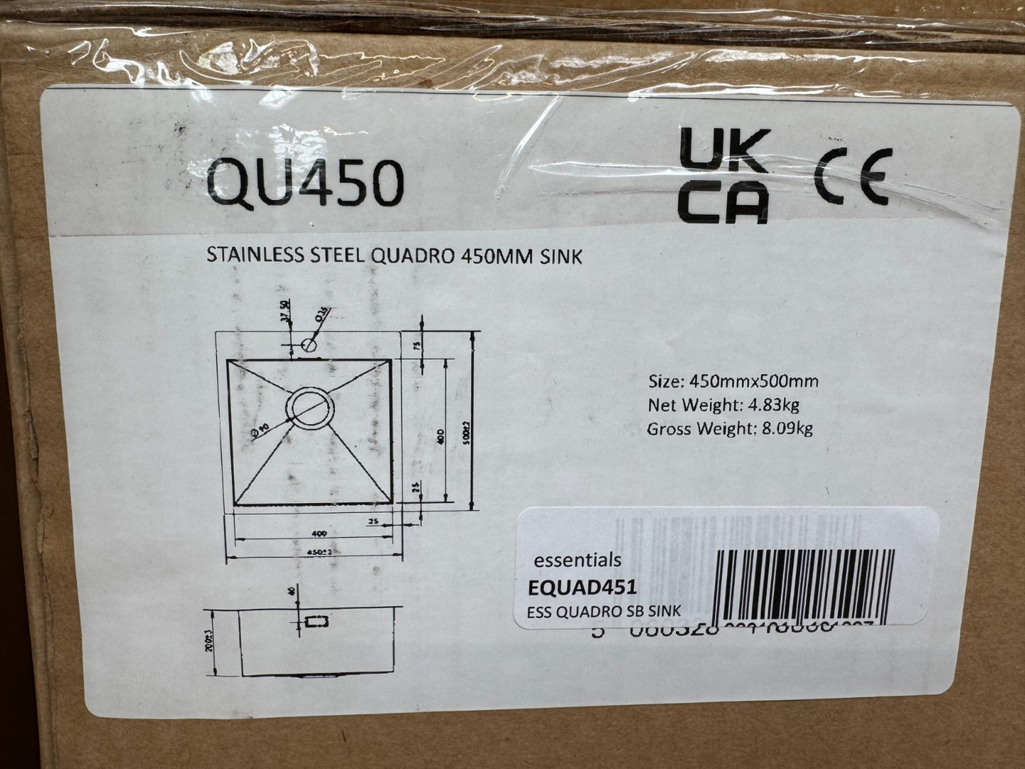 NEW Stainless Steel Inset Sink single basin 450 x 500 QU450 EQUAD451