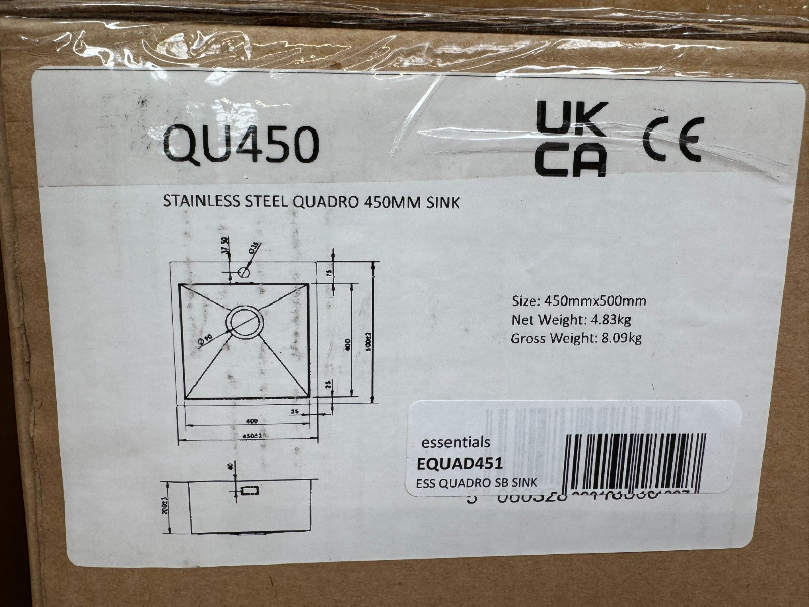 NEW Stainless Steel Inset Sink single basin 450 x 500 QU450 EQUAD451