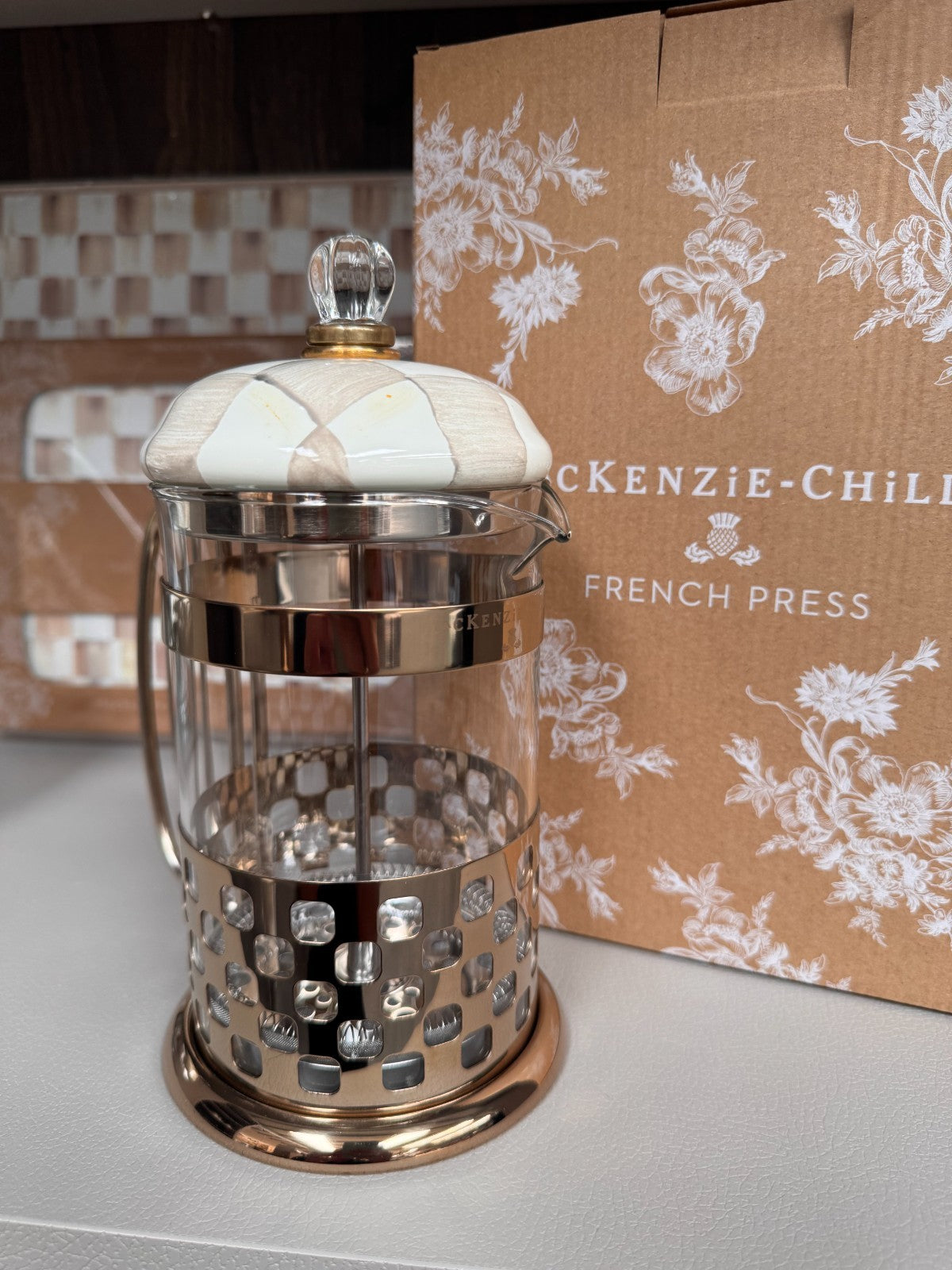 NEW Mackenzie Childs Mocha Check French Coffee Press 89506-840 IN STOCK