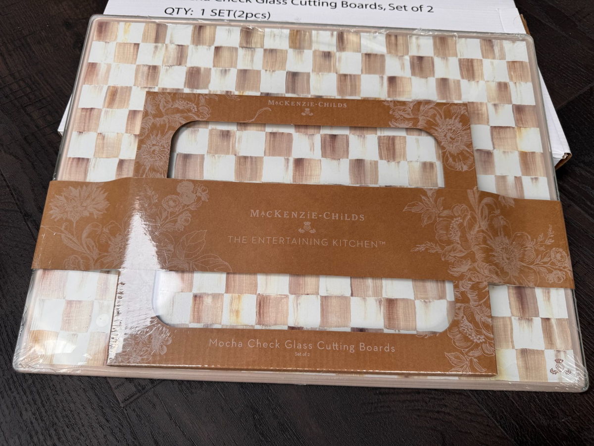 NEW Mackenzie Childs Mocha Check Glass Cutting Boards 36069-840 IN STOCK