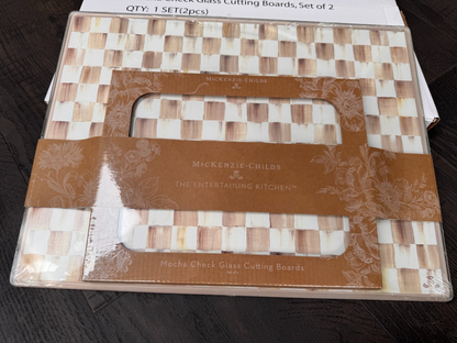 NEW Mackenzie Childs Mocha Check Glass Cutting Boards 36069-840 IN STOCK