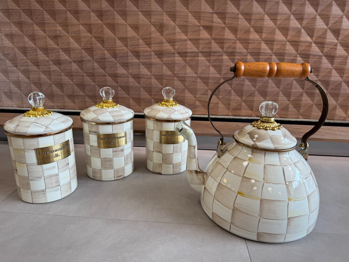 NEW Mackenzie Childs Mocha 3 Qt Kettle and 3 Medium Cannister SET IN STOCK