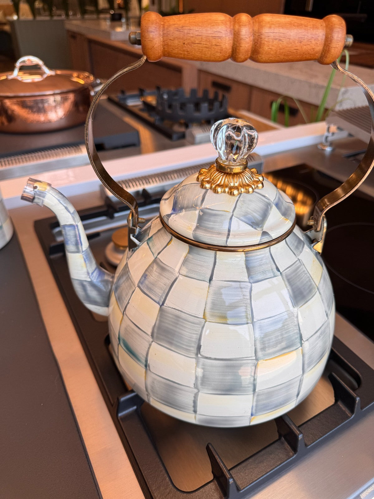NEW Mackenzie Childs Sterling Check enamel 3 Quart Large Kettle stove IN STOCK