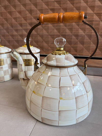 NEW Mackenzie Childs Mocha 2 Qt Kettle and 3 Medium Canister SET IN STOCK