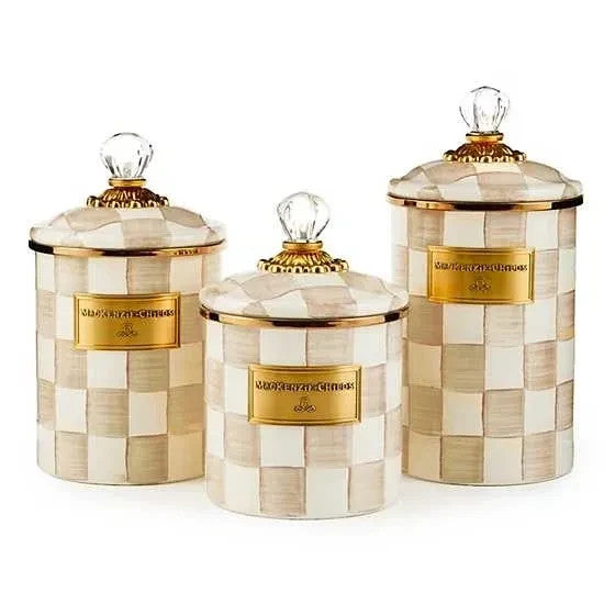 NEW Mackenzie-Childs MOCHA CHECK Cannister Small Medium Large Enamel Finish