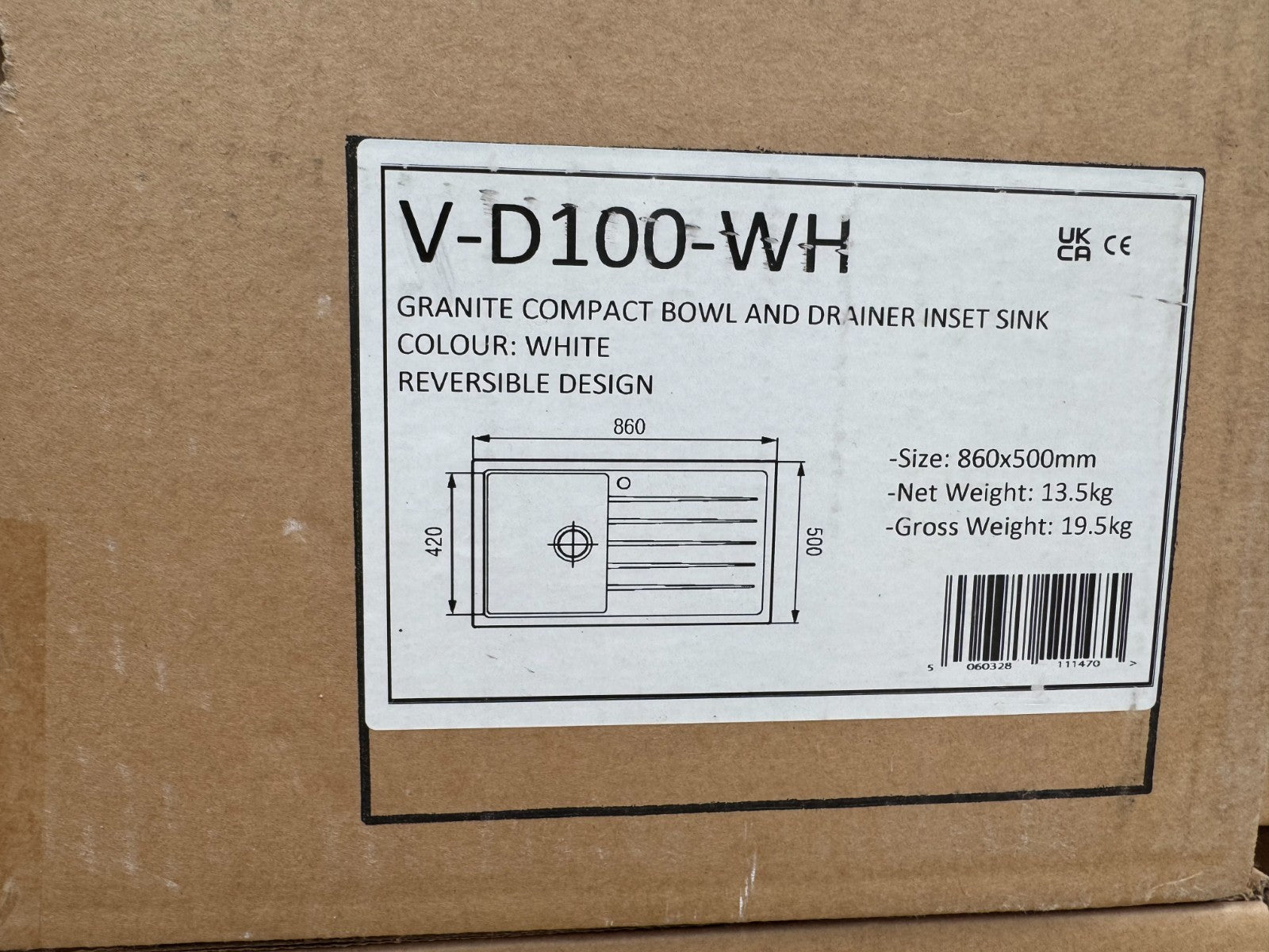 NEW CARYSIL VD100 Granite Sink 1000×500 Single Deep Bowl & Drainer White AX4322