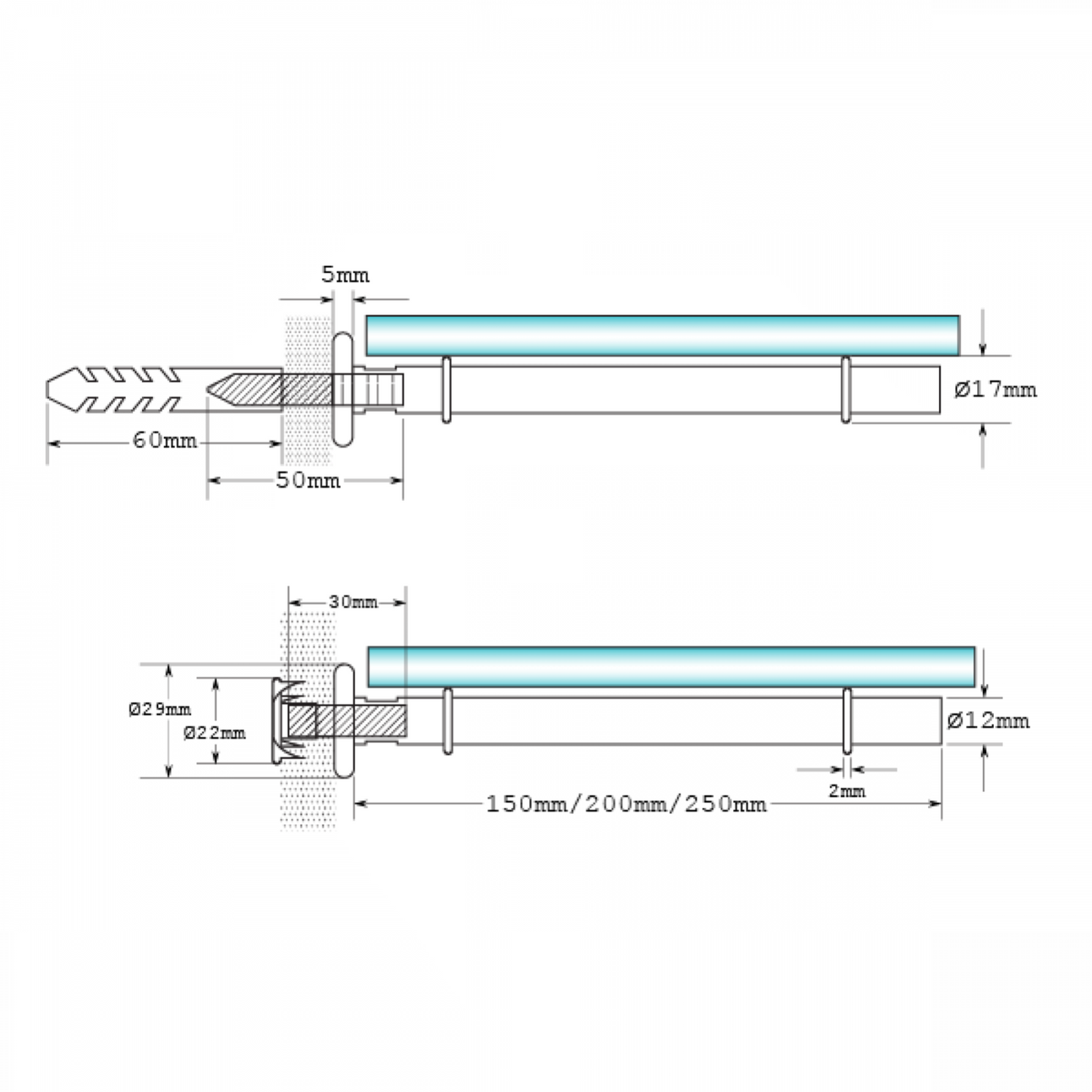 Glass Shelf Support Chrome Bar rod 25mm