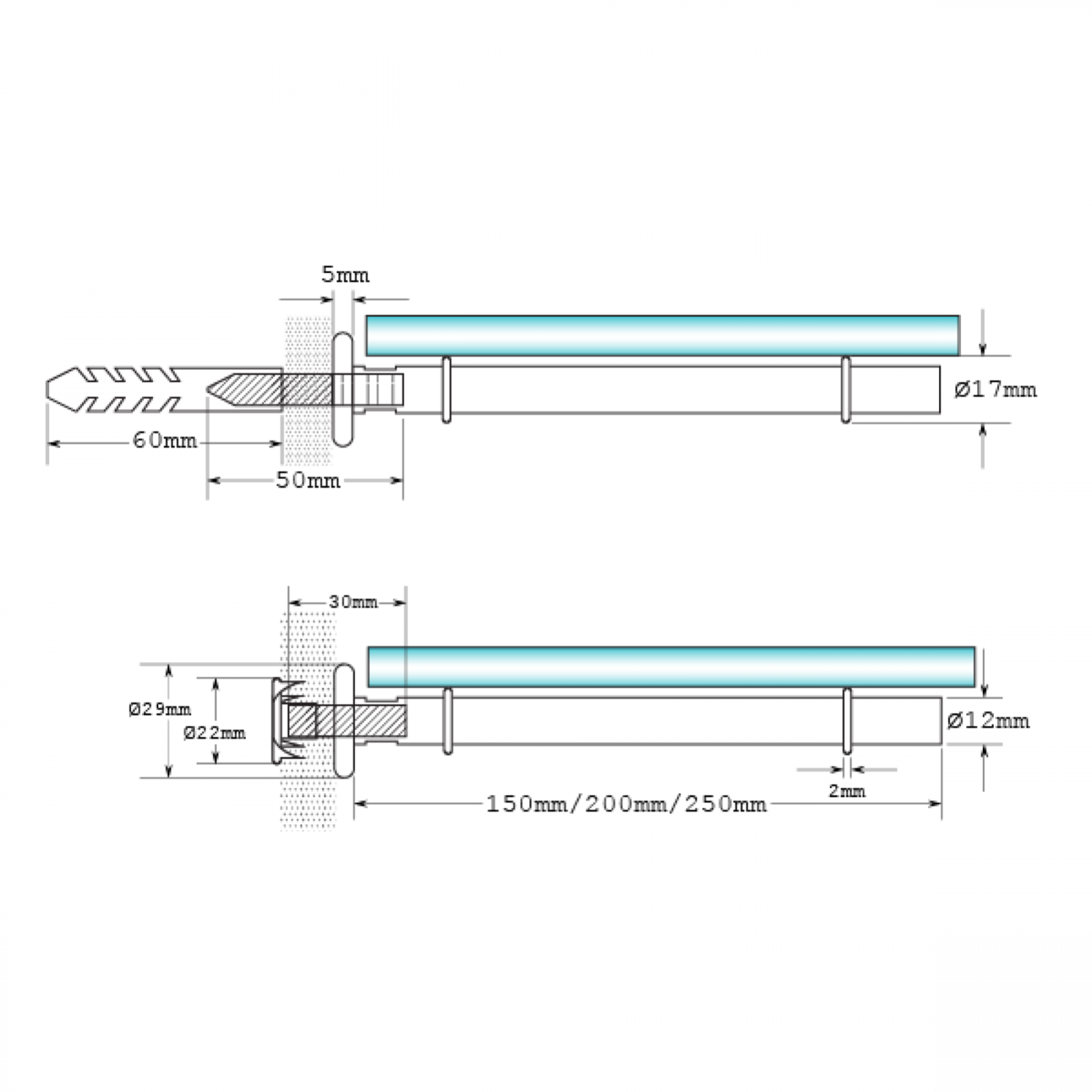 Glass Shelf Support Chrome Bar rod 25mm