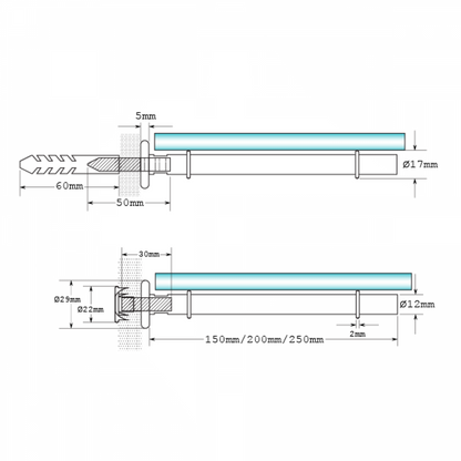 Glass Shelf Support Chrome Bar rod 25mm