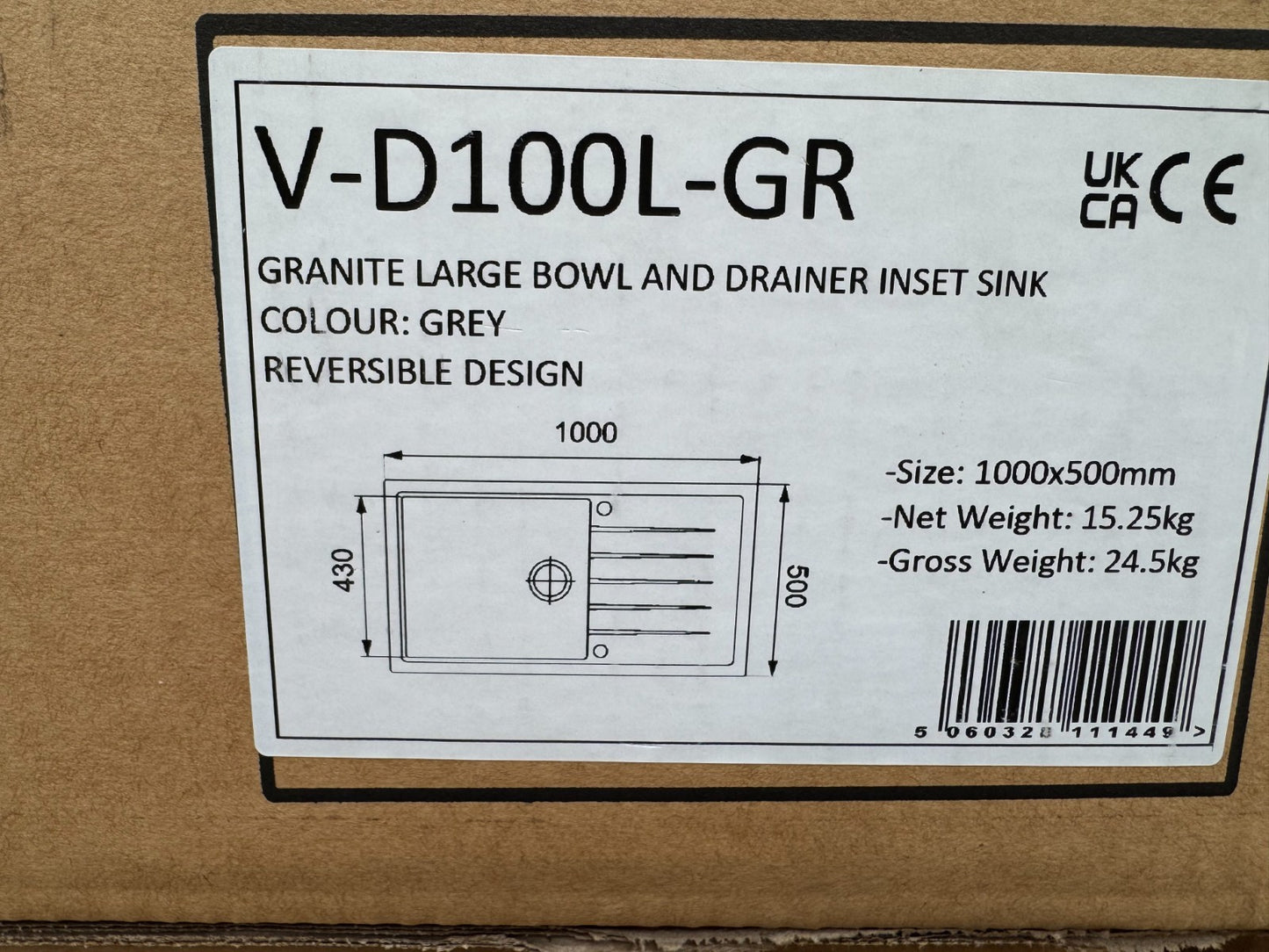 NEW CARYSIL VD100L Granite Sink 1000×500 Single Deep Bowl & Drainer GREY AX4318