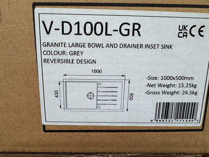 NEW CARYSIL VD100L Granite Sink 1000×500 Single Deep Bowl & Drainer GREY AX4318