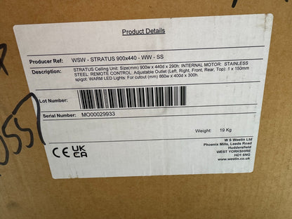 New Westin Stratus 900 x 440 built in Ceiling Extractor Hood integrated applianc
