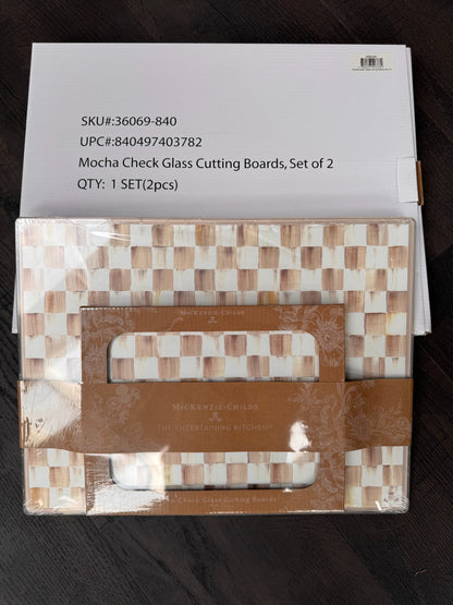 NEW Mackenzie Childs Mocha Check Glass Cutting Boards 36069-840 IN STOCK