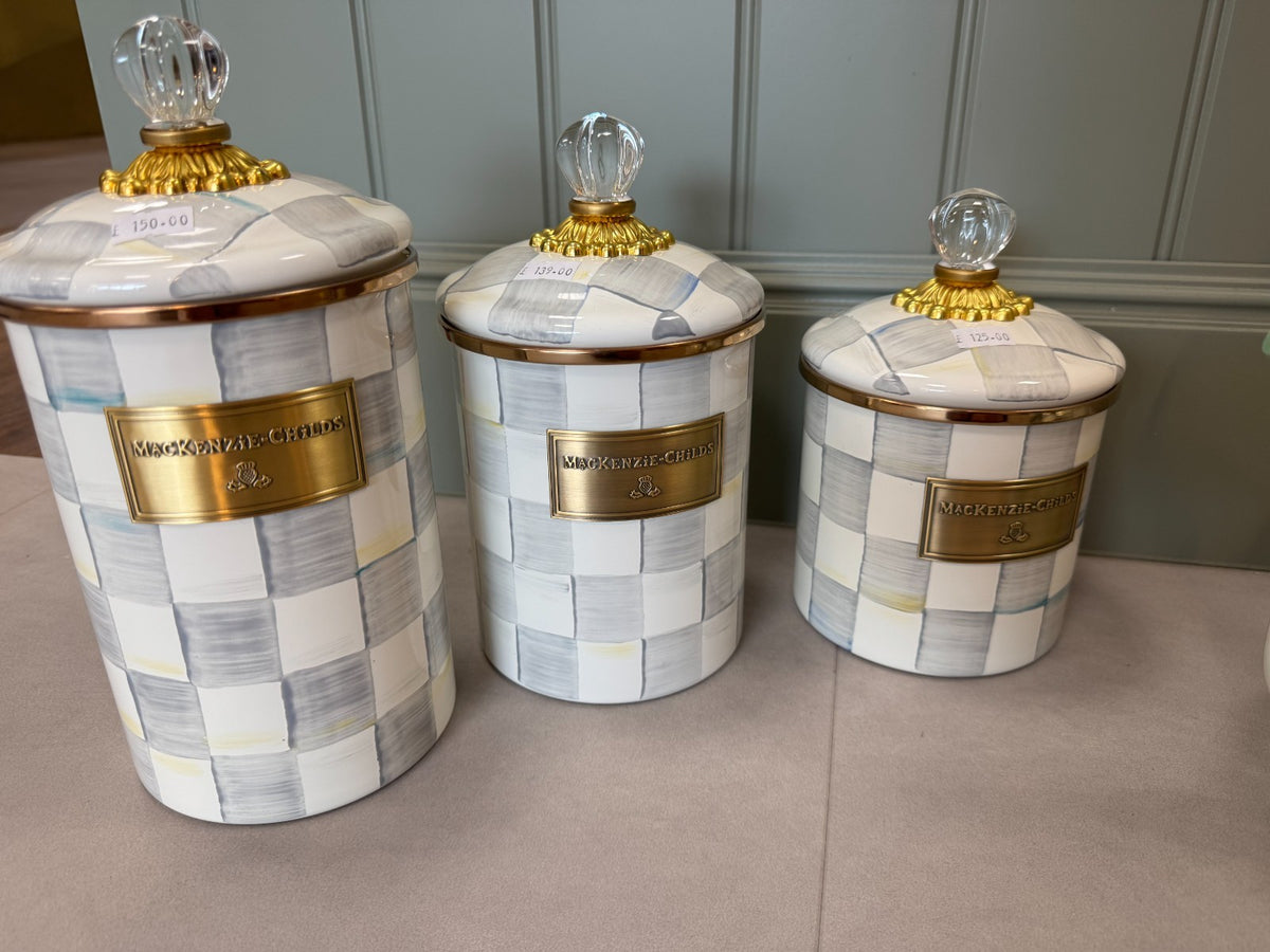 NEW Mackenzie Childs STERLING Check  3 Qt Kettle and 3 Canister SET in stock