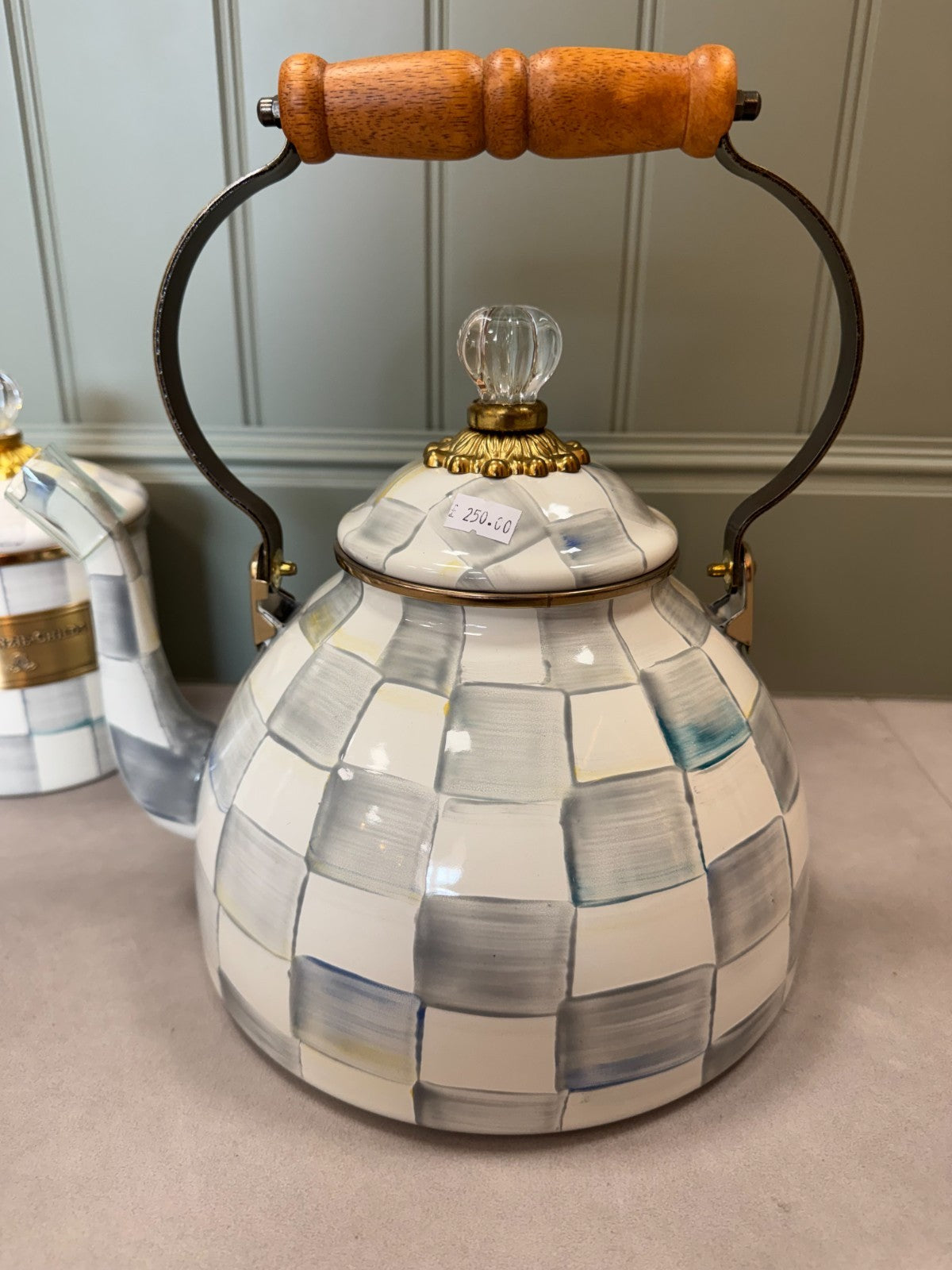 NEW Mackenzie Childs STERLING Check  3 Qt Kettle and 3 Canister SET in stock