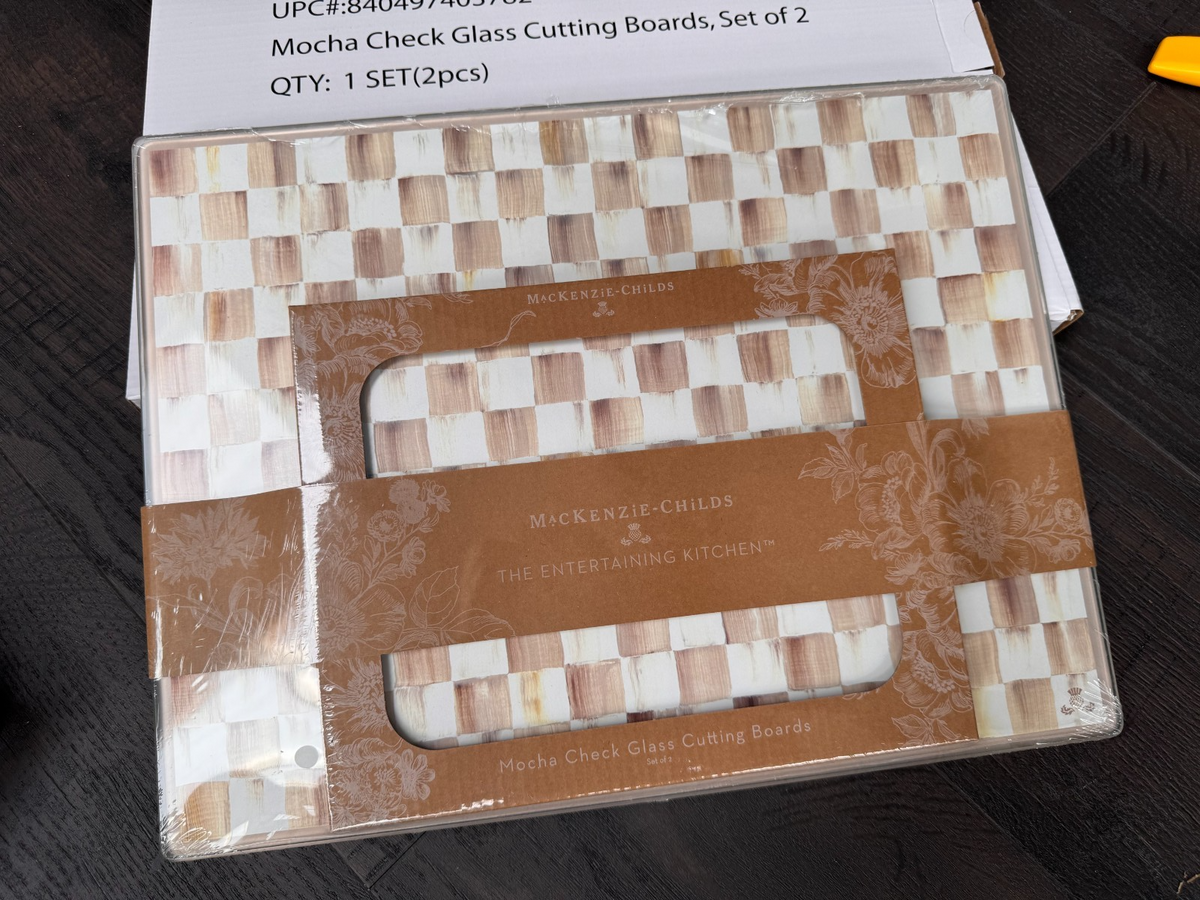 NEW Mackenzie Childs Mocha Check Glass Cutting Boards 36069-840 IN STOCK